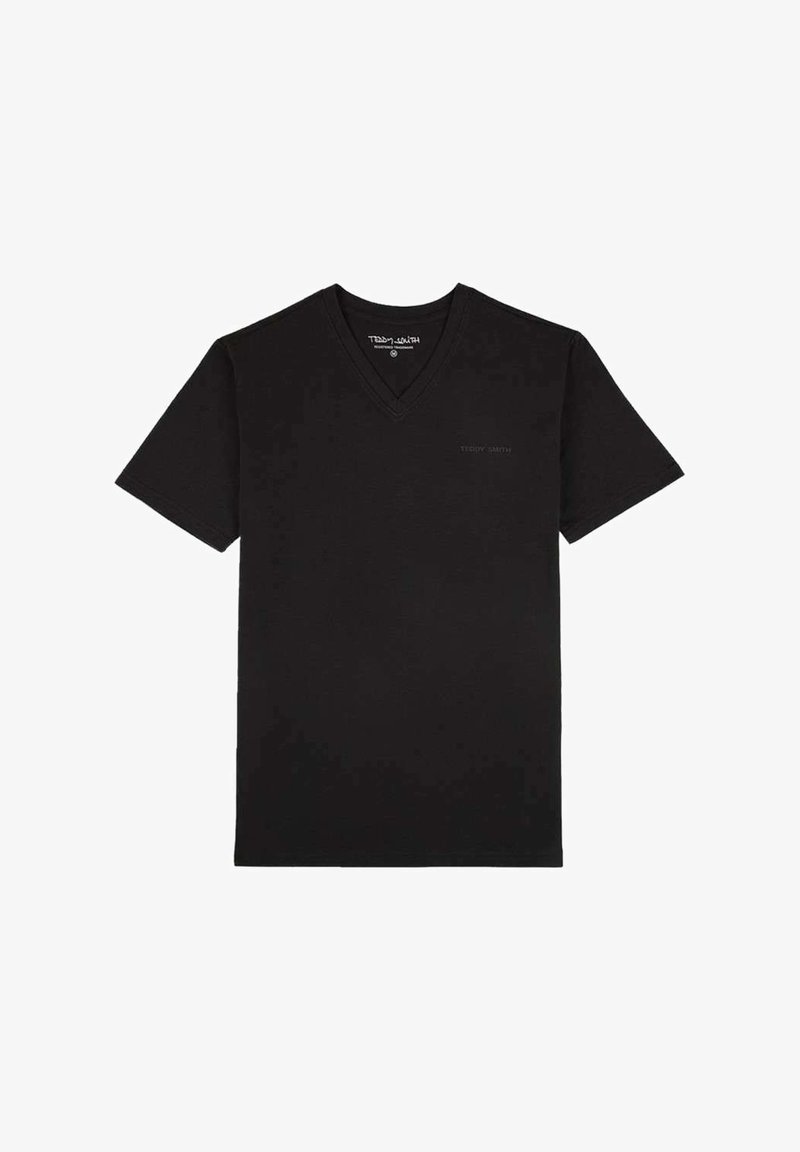 T-shirt noir à manches courtes avec col en V, arborant un petit logo "Teddy Smith" sur la poitrine et à l'intérieur de l'encolure.