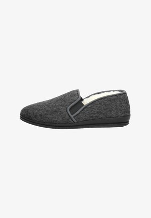 Chausson en feutre gris à enfiler avec des accents élastiques sur les côtés, doublure intérieure douce et semelle en caoutchouc noire. Design simple avec un bout arrondi.