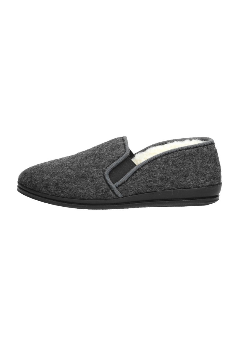 Grijze slip-on pantoffel met elastische zijkanten, zachte binnenvoering en zwarte rubberen zool. Eenvoudig ontwerp met een ronde neus.