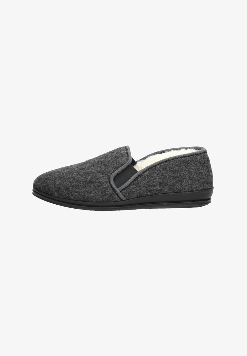 Grijze slip-on pantoffel met elastische zijkanten, zachte binnenvoering en zwarte rubberen zool. Eenvoudig ontwerp met een ronde neus.