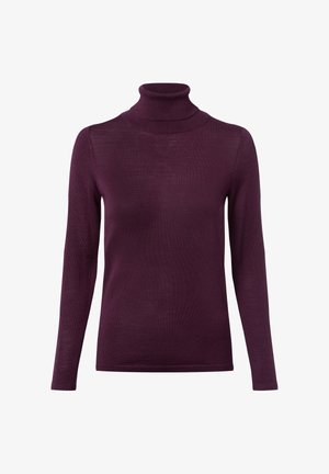 Maglione a collo alto viola con maniche lunghe, realizzato in un delicato tessuto a maglia leggero. Presenta un design aderente e un colletto a coste.