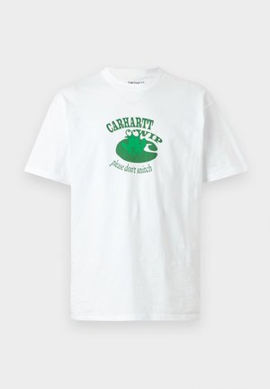 T-shirt blanc à manches courtes avec un graphisme de grenouille verte assise sur un nénuphar et le texte « Carhartt WIP please don't snitch » sur le devant.