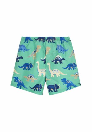 Pantaloni da bagno verdi con varie stampe di dinosauri in blu, beige e nero. Vita elastica per una vestibilità comoda.