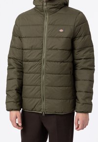 Kurtka puchowa w oliwkowym kolorze, pikowany wzór, zamek błyskawiczny, regulowany kaptur, lekki syntetyczny materiał, z logo na piersi.