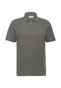 Polo à manches courtes en gris foncé, en mélange de coton doux. Doté d'un col, d'une patte de boutonnage à trois boutons et d'un ourlet cousu.