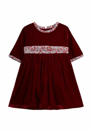 Rotes Samtkleid mit kurzen Ärmeln und rundem Ausschnitt. Blumenmuster am Taillenbund und Saum. Ausgestellter Rock mit gerafftem Stoff.