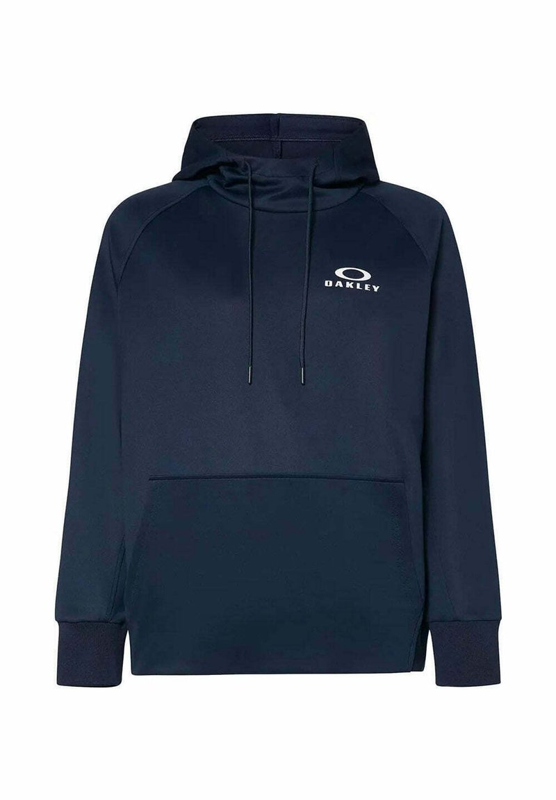 Marineblaue Kapuzenjacke mit einer Kängurutasche, verstellbaren Kordeln und einem weißen Oakley-Logo auf der Brust. Hergestellt aus weichem Stoff.