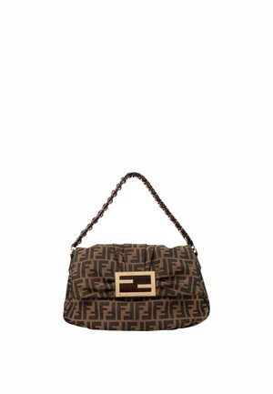 Brown and black Fendi handbag with all-over FF logo pattern, twisted chain handle, and rectangular logo clasp on front flap.
