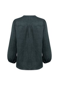Blusa verde scuro, con texture, dal taglio morbido, scollo rotondo e maniche lunghe a palloncino, caratterizzata da un semplice design della spalla sul retro.