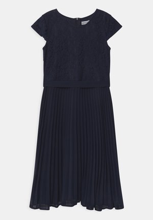 Marineblaues Kleid mit Spitzenoberteil mit kurzen Ärmeln und plissiertem Midirock, mit rundem Ausschnitt und Reißverschluss hinten.