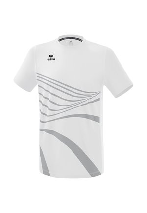 Witte sport t-shirt met grijze gebogen strepen, korte mouwen en een ronde hals. Bevat een "erima" logo op de bovenste linkerkant.