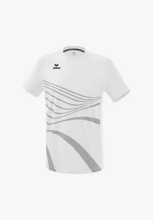 White sports t-shirt with grey curved stripes, short sleeves, and a crew neck. Features an "erima" logo on the upper left.