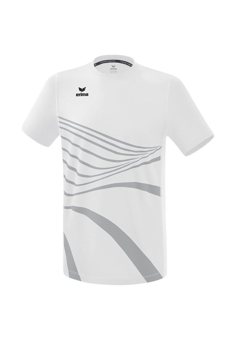 Maglietta sportiva bianca con strisce curve grigie, maniche corte e colletto tondo. Presenta il logo "erima" sulla parte superiore sinistra.