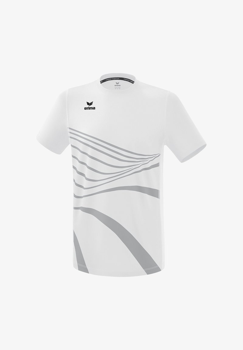 Maglietta sportiva bianca con strisce curve grigie, maniche corte e colletto tondo. Presenta il logo "erima" sulla parte superiore sinistra.