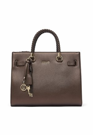 Sac à main en cuir texturé marron foncé avec poignées tressées, ferrures dorées, petite clé décorative et logo "LIU JO" sur le devant.