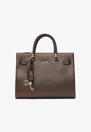 Donkerbruine gestructureerde leren handtas met gevlochten handvatten, hardware in goudkleur, kleine decoratieve sleutel en "LIU JO" logo op de voorkant.