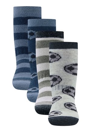 Four pairs of folded knit socks in shades of gray and blue, featuring stripes and paisley patterns on a white background.