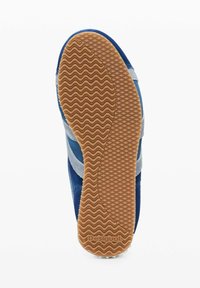 Adidași albaștri și gri cu o talpă din cauciuc texturată, având un model ondulat și un branding distinctiv pe partea inferioară.