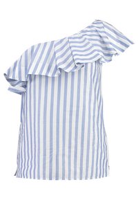 Top a spalla unica in blu chiaro e bianco a righe verticali, con un collo arricciato e un corpo aderente dalla texture morbida.