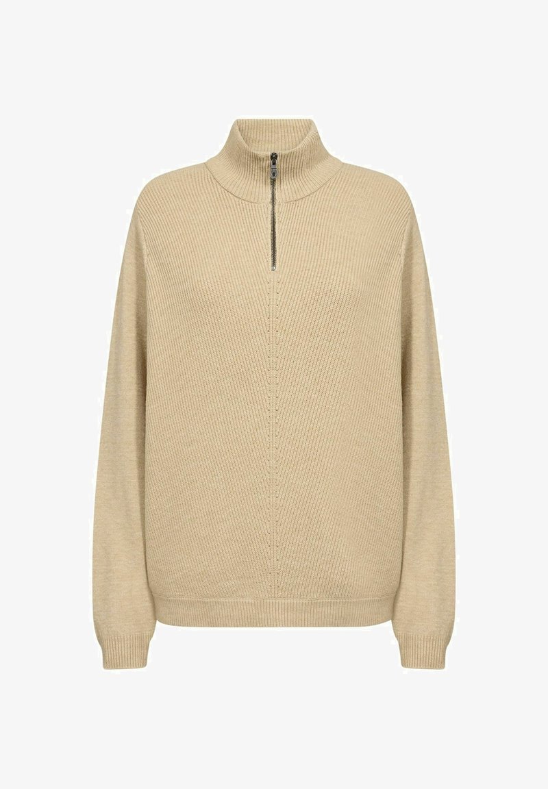 Beige gerippter Pullover mit hohem Kragen und Viertel-Reißverschluss. Er verfügt über lange Ärmel, einen lässigen Schnitt und ein strukturiertes Strickmuster.