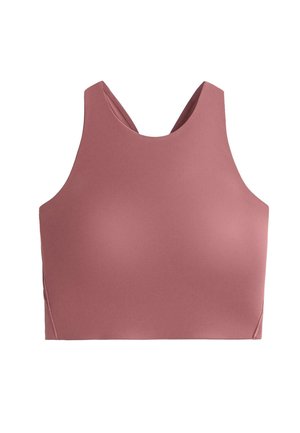 Bešavna mauve sportska majica s debelim naramenicama i visokim izrezom, dizajnirana za podršku i udobnost tijekom fizičkih aktivnosti.