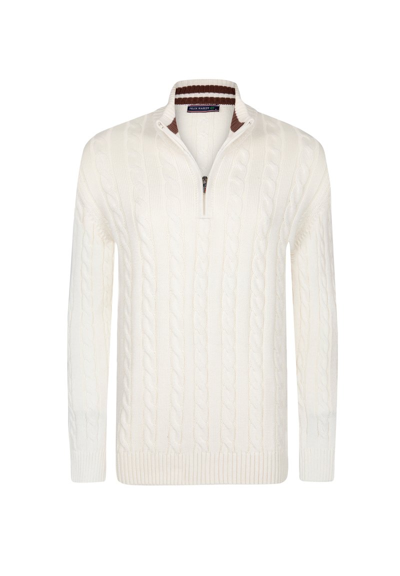 Maglione crema a trecce con colletto zip, caratterizzato da polsini e orlo a coste. Texture morbida e motivo di lavorazione uniforme.
