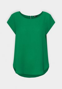 Blouse verte à manches courtes avec encolure ronde et fermeture éclair au dos, coupe ample avec ourlet légèrement courbé.