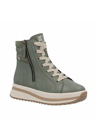 Baskets montantes en simili cuir vert avec une finition texturée, dotées d'une fermeture éclair sur le côté, de lacets crème et d'une épaisse semelle blanche avec des accents marron.