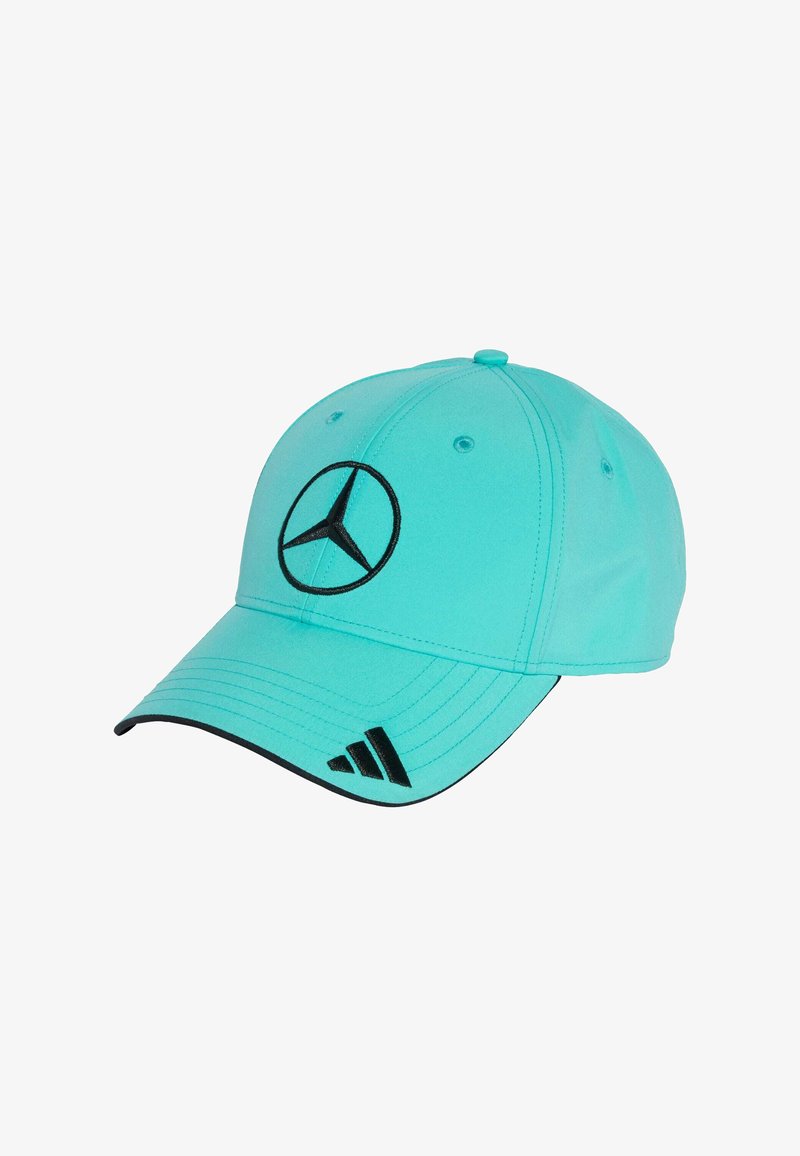 A turquoise baseball cap made of fabric with a black Mercedes logo on the front and a black striped accent on the brim.