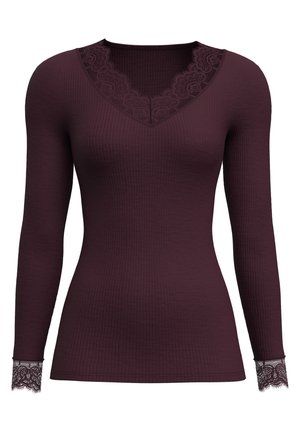 Maglietta a maniche lunghe in un profondo bordeaux con una texture a coste, dotata di una scollatura a V con pizzo e dettagli in pizzo sui polsini.