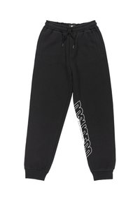 Schwarze Jogginghose aus einer Baumwollmischung, mit elastischem Bund, Bündchen und einem weißen grafischen Logo entlang eines Beins bedruckt.