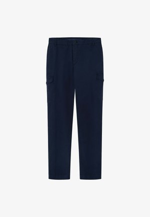 Pantaloni cargo navy in cotone, dotati di due tasche laterali, taglio dritto e chiusura con bottone in vita. Tessuto morbido.