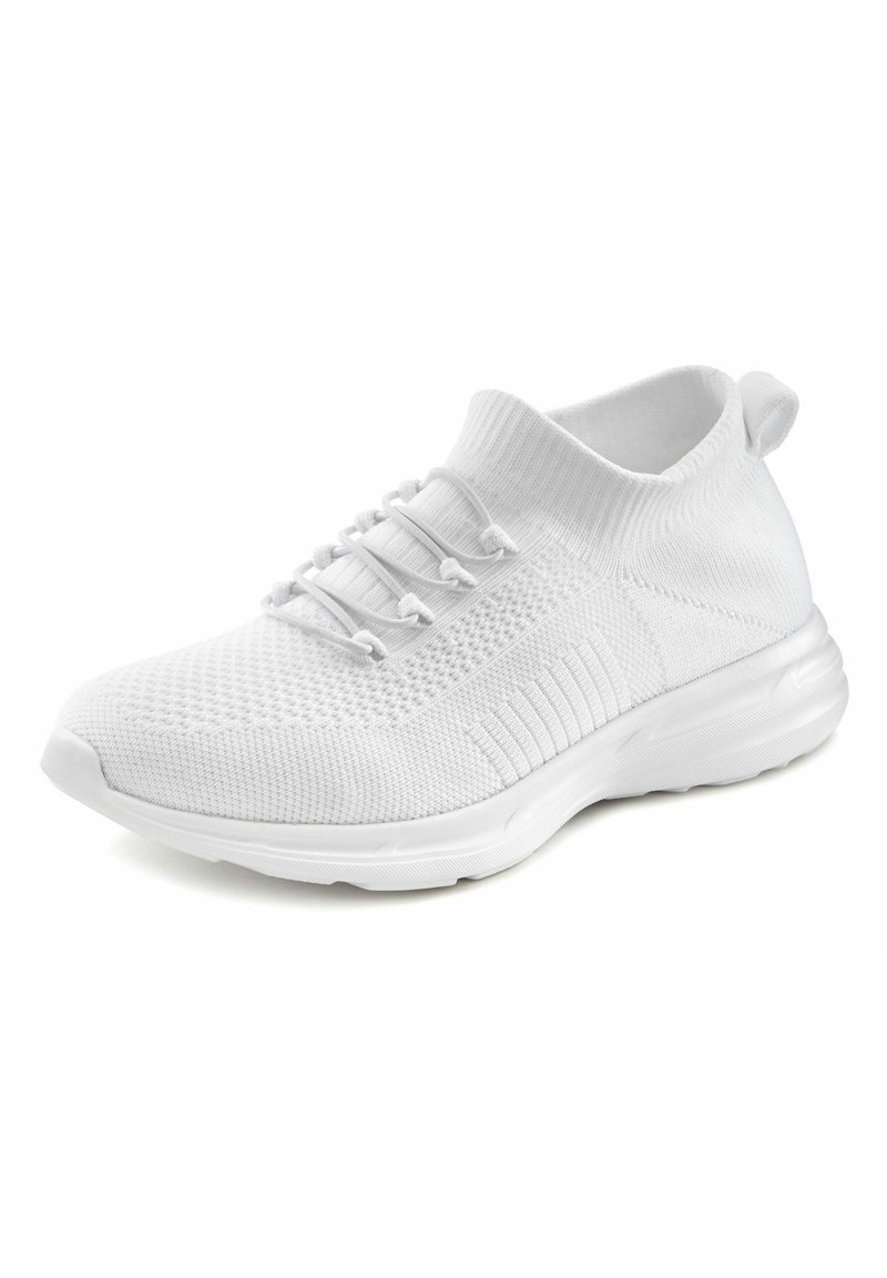 Sneaker bianca con tomaia in tessuto lavorato a maglia, lacci elastici, design low-top e suola testurizzata per una buona aderenza. Punta arrotondata e linguetta.