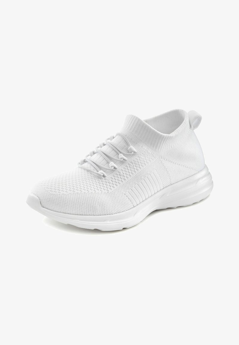 White athletic shoe with a knitted textile upper, elastic laces, a low-top design, and a textured sole for grip. Rounded toe and pull tab.