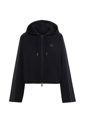 Sweat à capuche zippé noir avec logo Adidas sur la poitrine, trois bandes sur les manches, capuche à cordon et manches longues.