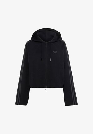 Sweat à capuche zippé noir avec logo Adidas sur la poitrine, trois bandes sur les manches, capuche à cordon et manches longues.