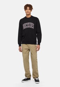 Felpa nera con il logo "DICKIES" in grigio, abbinata a pantaloni cargo beige con tasche laterali e sneakers nere con lacci bianchi.