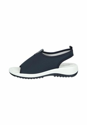 Black open-toe sandal with white cushioned sole, back strap, and textured tread, designed for comfort and casual wear.