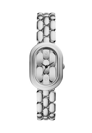 Montre en acier inoxydable argenté avec un cadran ovale, des maillons lisses et un accent en diamant unique à la position 12 heures.