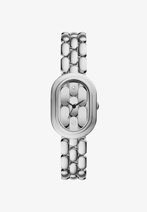 Orologio in acciaio inossidabile argentato con quadrante ovale, maglie lisce e un'unica pietra di diamante all'orario 12.