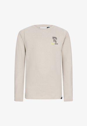 Jasno-beżowa koszula z długim rękawem, z okrągłym dekoltem i małym logo "Retour Denim" w czerni i żółci na lewej piersi.