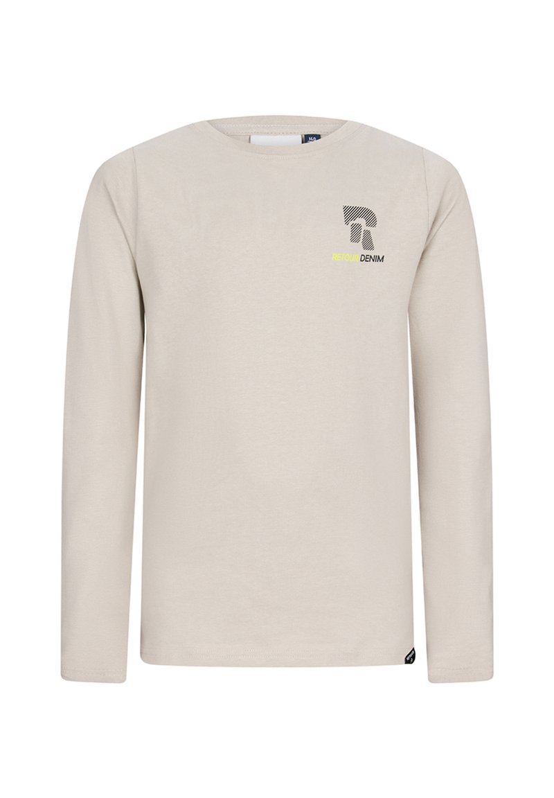 Camicia a maniche lunghe di un beige chiaro con colletto tondo e piccolo logo "Retour Denim" in nero e giallo sul lato sinistro del petto.