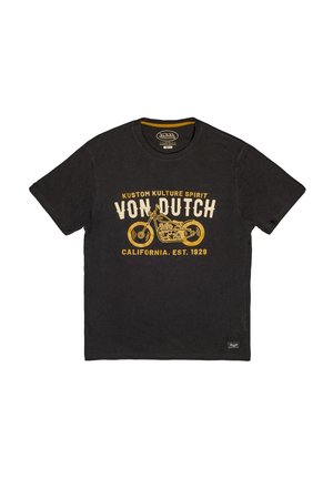 Camiseta de algodón negra con un gráfico frontal que presenta un texto amarillo que dice "KUSTOM KULTURE SPIRIT VON DUTCH" y un diseño de motocicleta. Cuello de crew clásico.