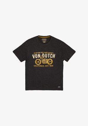 Camiseta de algodón negra con un gráfico frontal que presenta un texto amarillo que dice "KUSTOM KULTURE SPIRIT VON DUTCH" y un diseño de motocicleta. Cuello de crew clásico.