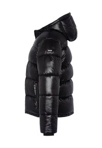Doudoune noire en nylon brillant, dotée d'une capuche, d'une poche zippée et d'un design matelassé avec une coupe décontractée et des poignets côtelés.