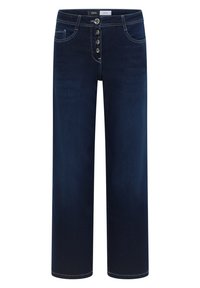 Pantalones de mezclilla de un azul oscuro con un diseño de pierna ancha. Cuenta con un cierre frontal de cinco botones y dos bolsillos delanteros. Textura suave, sin patrones.