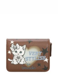 Portafoglio sintetico marrone con illustrazione di un gattino bianco con un fiocco, stelle e la scritta "VERY STYLISH". Logo posizionato sul fondo.