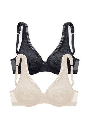Two lace bras with underwire, one black and one beige, arranged overlapping on a white background.