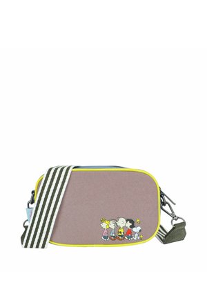 Rectangular crossbody bag with yellow trim, striped strap, and small cartoon characters walking in a line on front bottom right corner.