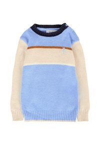 Maglione a maglia per bambino con corpo azzurro chiaro, maniche crema, striscia marrone, colletto navy e piccolo logo ricamato sul petto.